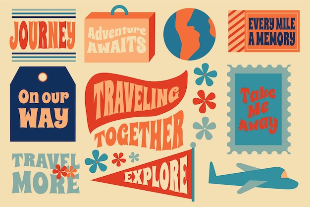 Free vector 70s style travel sticker set