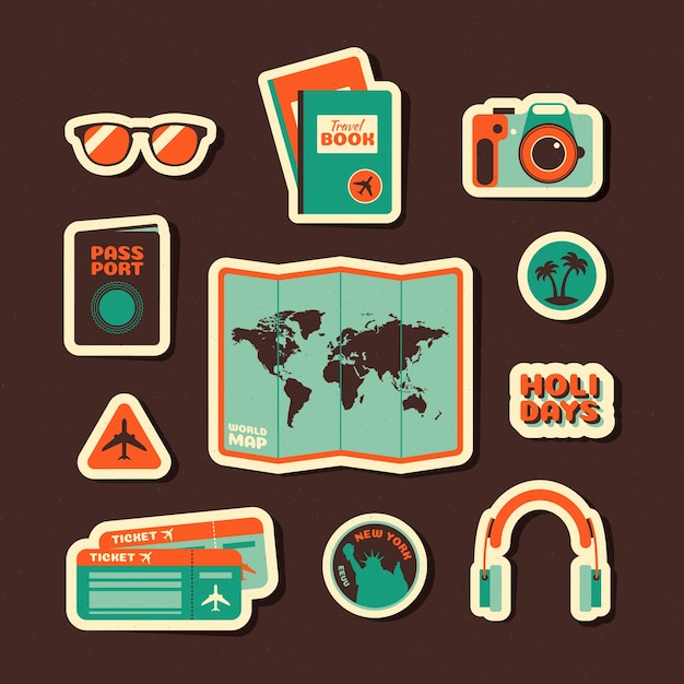 Free vector 70s style travel sticker set