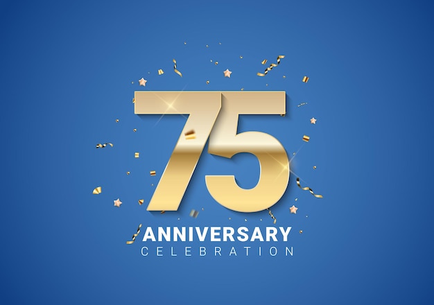 75 anniversary background with golden numbers confetti stars on bright blue background