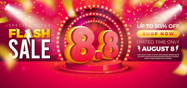 8 August Shopping Day Flash Sale Design with 3d 8.8 Number and Stage Podium on Red Background