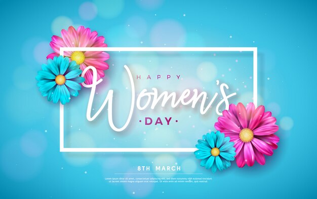 8 March. Happy Women's Day Floral Greeting card.