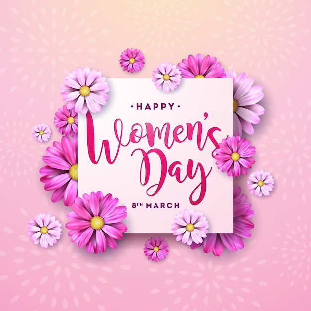 3 월 8 일. 행복한 여성의 날 꽃 인사말 카드입니다. 분홍색 배경에 꽃 디자인으로 국제 휴가 그림.