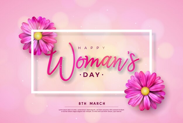 8 March. Happy Womens Day Floral Greeting card. International Holiday Illustration with Flower Design on Pink Background.