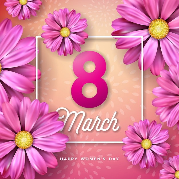 3 월 8 일. 행복한 여성의 날 꽃 인사말 카드입니다. 분홍색 배경에 꽃 디자인으로 국제 휴가 그림.