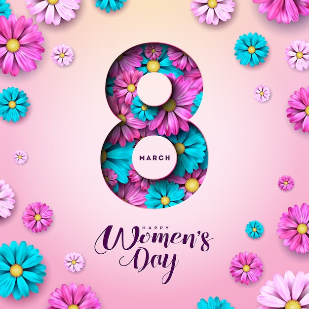 8 March. Happy Womens Day Floral Greeting card.