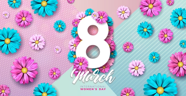 파스텔 배경에 화려한 봄 꽃과 함께 3월 8일 국제 여성의 날 벡터 디자인