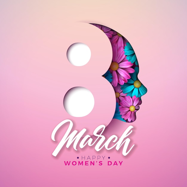8 marzo giornata internazionale della donna disegno vettoriale con fiore colorato primaverile nella silhouette del viso di donna