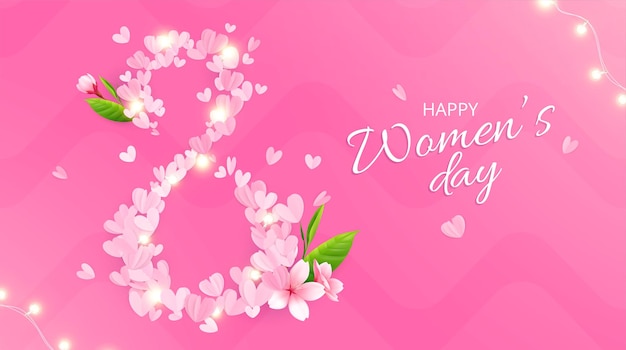 분홍색 배경의 화려한 텍스트와 분홍색 꽃잎 삽화로 만든 숫자가 있는 3월 8일 여성의 날 구성