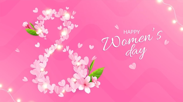 8 march womans day composition with pink background ornate text and digit made of pink petals illustration