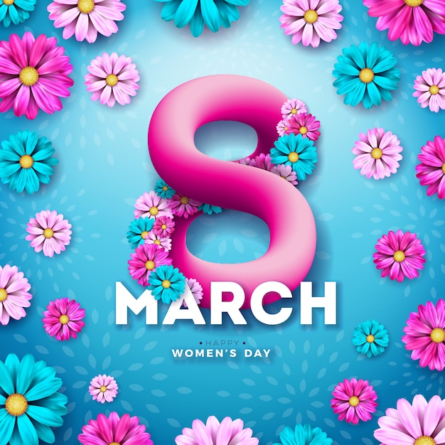 Бесплатное векторное изображение 8 марта дизайн празднования женского дня с букетом цветов и книгопечатания