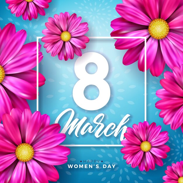3 월 8 일. 꽃과 타이포그래피 편지와 함께 여성의 날 축하 디자인