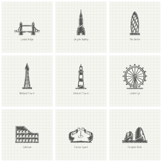 9 hand drawn monuments