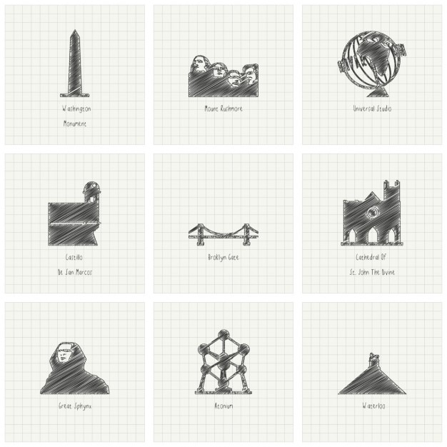 Free Vector 9 hand drawn monuments