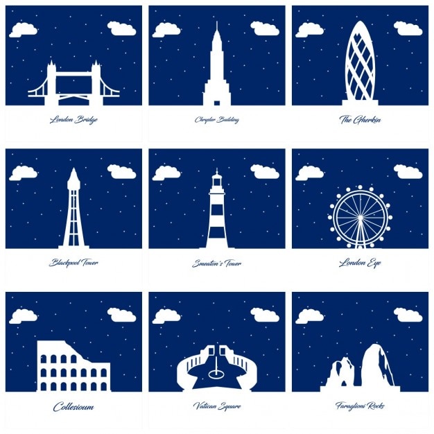 Free vector 9 silhouettes of monuments