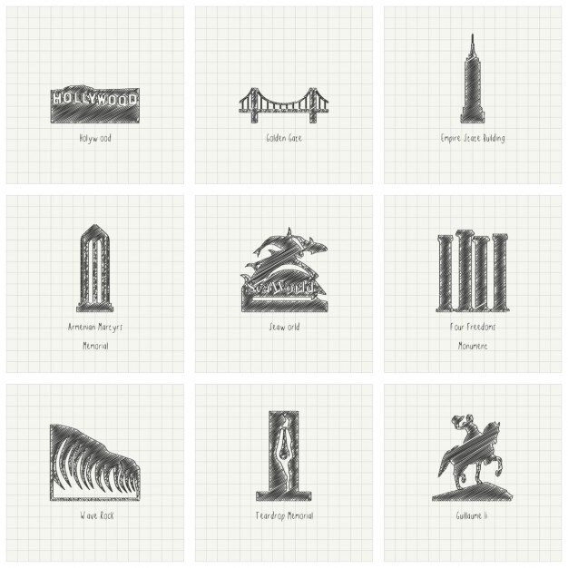 Free Vector 9 sketches of monuments