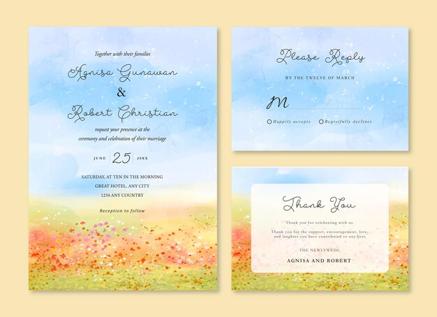 9 Soft Romantic Floral Field Landscape Watercolor Wedding Invitation Template