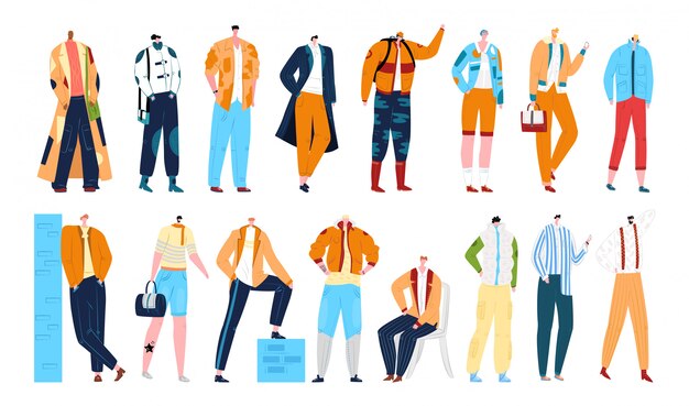 男のファッションスタイル 服のスタイリッシュな男性モデル イラストのセット 漫画のおしゃれな男性キャラクターのハンサムなコレクション 服装の男性ファッショニスト プレミアムベクター