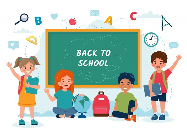 学校に戻る子供たち かわいいキャラクターのセット プレミアムベクター