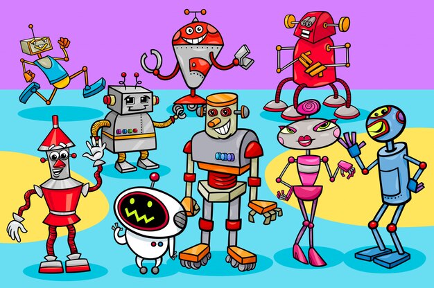 ロボットファンタジーキャラクターの漫画イラスト プレミアムベクター