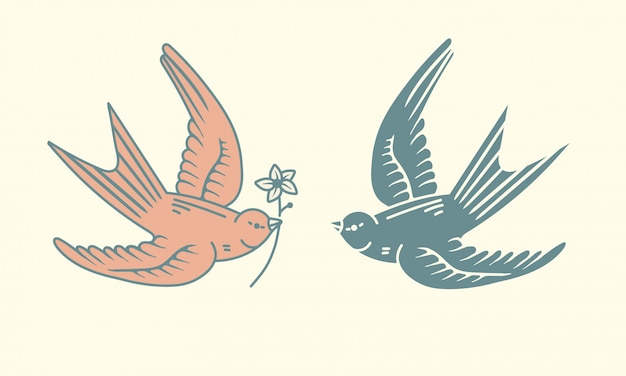 飛んでいる鳥のロゴデザインアセット シンプルなヴィンテージ手描きスタイルで花のアイコンが付いたシンプルな鳥 グラフィックデザイン要素 プレミアムベクター 飛んでいる鳥のロゴデザインアセット シンプルなヴィンテージ手描きスタイルで花のアイコンが付いたシンプルな鳥 グラフィックデザイン要素 プレミアムベクター