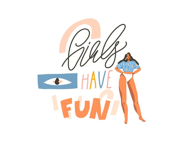 若い幸せなダンスの肯定的な女性の女の子と手描きイラストは 白いコラージュの背景に楽しい 手書きの書道のテキストを持ちたいです プレミアムベクター