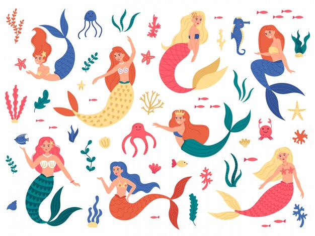 海の人魚 かわいい人魚姫 海の海洋要素を持つ妖精人魚の女の子 手描きの魔法の水中世界イラストセット タツノオトシゴの水泳 タコ 色の人魚 プレミアムベクター