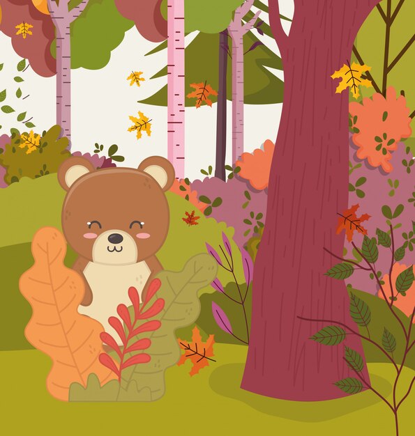 森の木の葉でかわいいクマの秋のイラスト プレミアムベクター