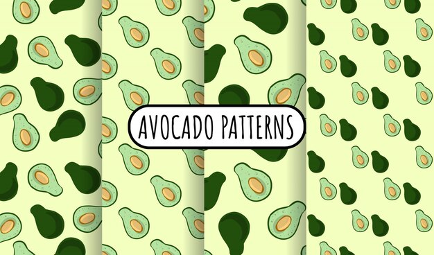 アボカドのセットは シームレスなパターンをいたずら書き 全体のアボカドと緑の背景に野菜の半分をカットしました ストックビーガンテクスチャ壁紙タイルのコレクション プレミアムベクター