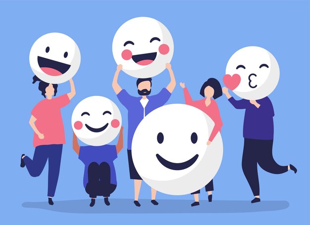 肯定的な顔文字を持つ人々のキャラクターイラスト 無料のベクター