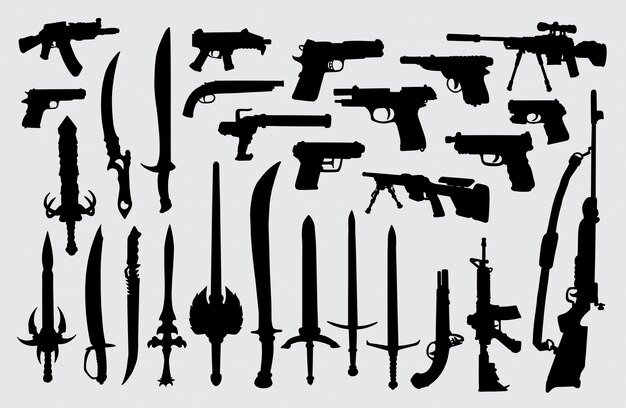 武器 銃 ピストル 剣のシルエット プレミアムベクター