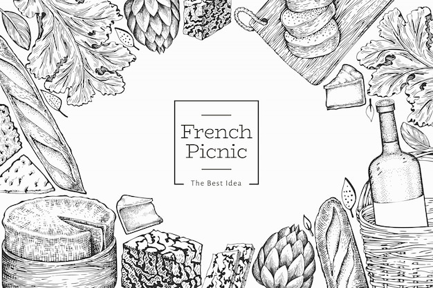 手描きのフランスの様式化された地図 フランスのランドマーク 食べ物 植物のイラストを旅行します 地理図 プレミアムベクター