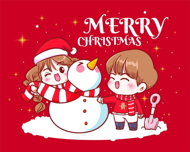 â € ‹â €‹ Пара лепит снеговика вместе празднование на рождественский праздник рисованной иллюстрации шаржа
