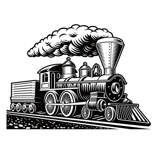 白い背景で隔離のレトロな列車の白黒イラスト プレミアムベクター