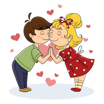 Влюбленные мальчик и девочка стоят, держась за руки на фоне дня святого валентина сердца