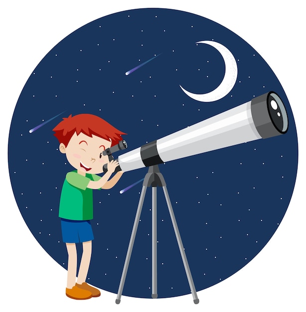 Мальчик смотрит в телескоп ночью