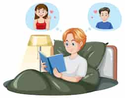 無料ベクター フィクションのラブストーリーの本を読んでいる少年
