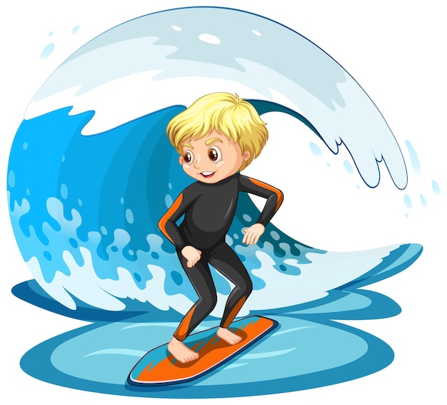 孤立した水の波でサーフィンをする少年