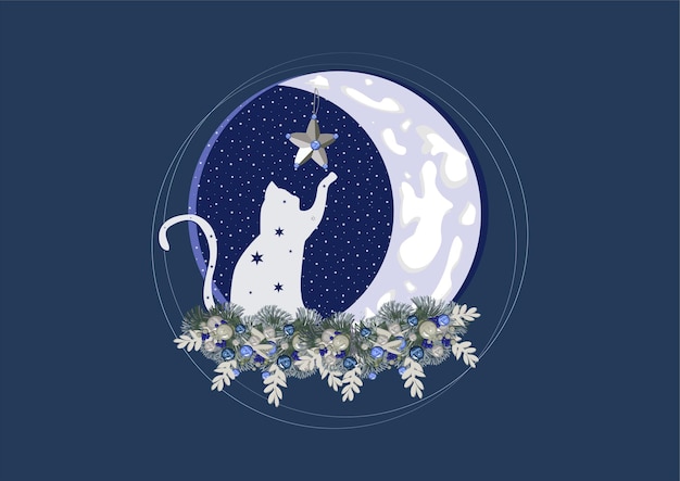 달과 전나무 가지 위에 앉아 있는 고양이가 크리스마스 장난감을 가지고 놀고 있다
