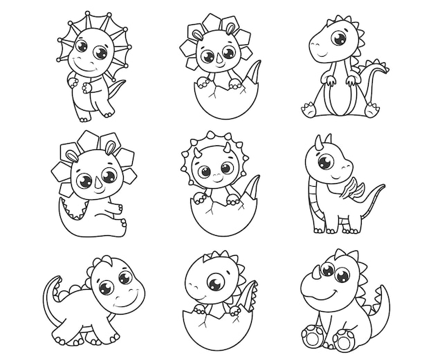 かわいい漫画の恐竜のコレクション 塗り絵の黒と白のベクトルイラスト 輪郭の描画 プレミアムベクター
