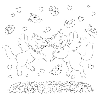 사랑에 빠진 고양이 두 마리. 아이들을 위한 색칠하기 책 페이지. 발렌타인 데이.