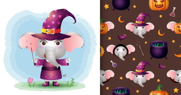 ドラキュラ衣装のキュートな象とハロウィンのキャラクターコレクション シームレスなパターンとイラストのデザイン プレミアムベクター