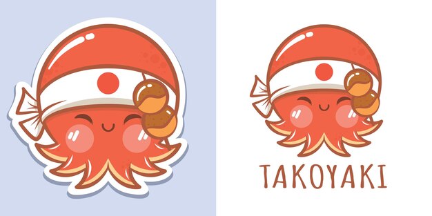 かわいいタコの漫画のキャラクターたこ焼きのロゴとマスコットのイラスト プレミアムベクター