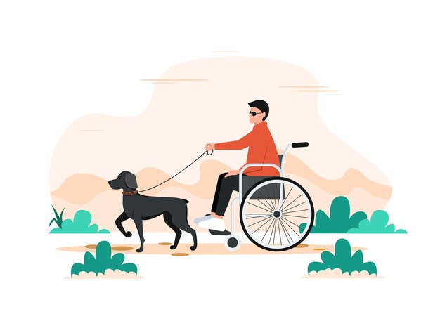 白い背景で隔離の盲導犬と視覚障害のある男と女のイラスト プレミアムベクター