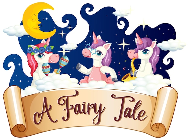 Бесплатное векторное изображение Шрифт fairy tale с множеством мультяшных единорогов, танцующих на облаке