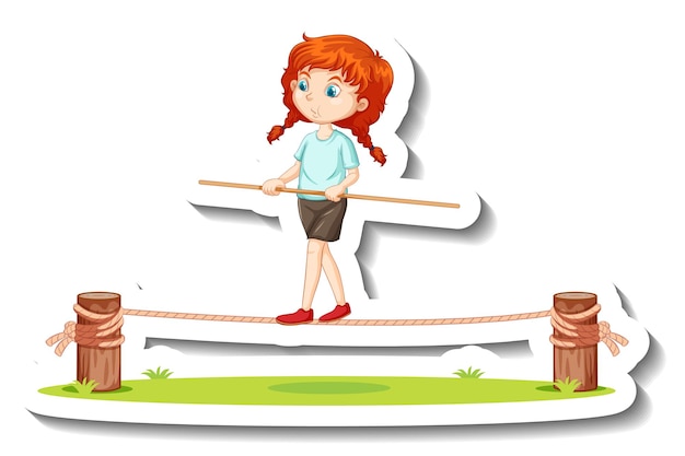 Бесплатное векторное изображение Девушка балансирует на веревке мультяшный персонаж стикер