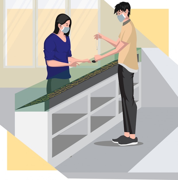 宝石店のイラストで銀のネックレスを買う女の子 プレミアムベクター