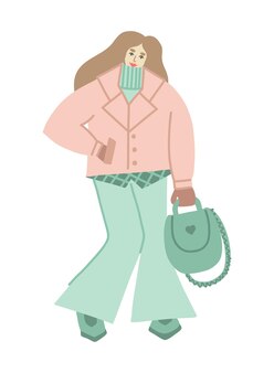 Девушка в нежной повседневной одежде двубортное короткое пальто расклешенные брюки свитер