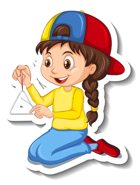 Бесплатное векторное изображение Девушка, играющая в треугольную наклейку с мультяшным персонажем