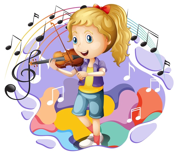 バイオリンと音楽のメロディーのシンボルを演奏する女の子
