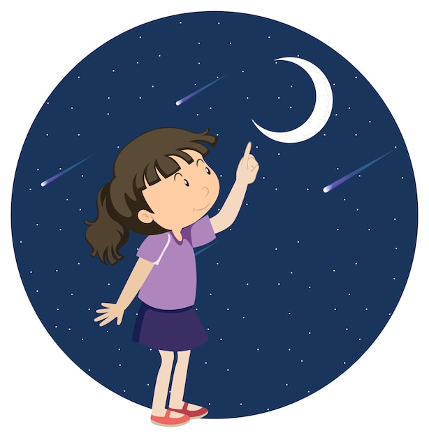 Бесплатное векторное изображение Девушка, указывающая пальцем на луну